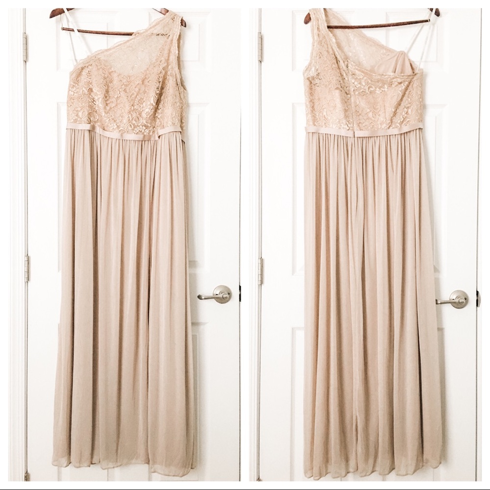 David’s Bridal Gold Metallic Lace One Shoulder